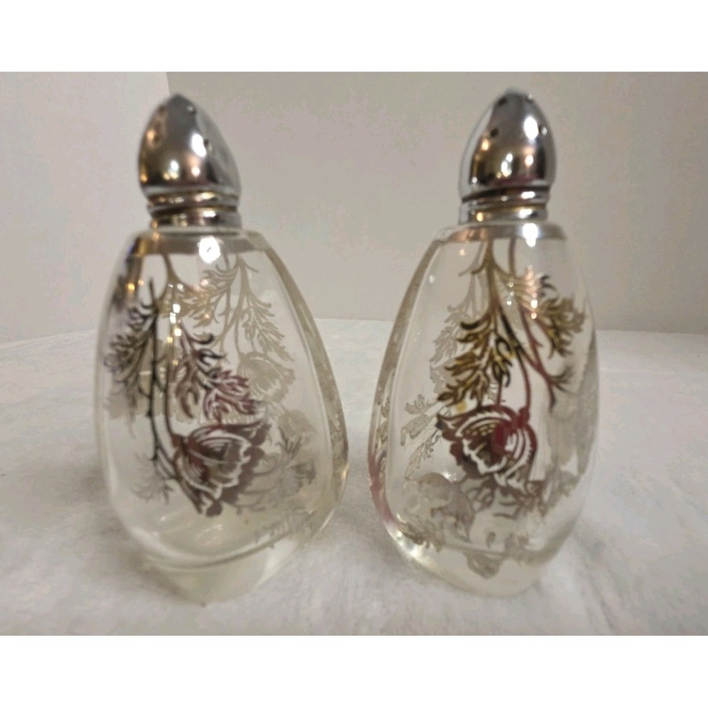 Glass with Silver Floral Filigree Salt & Pepper Shakers (SEE DESCRIPTION)